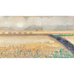 Bertrand, Landscape By The Field, 20th Century, Oil On Canvas, 33 X 19 Cm, Unframed 