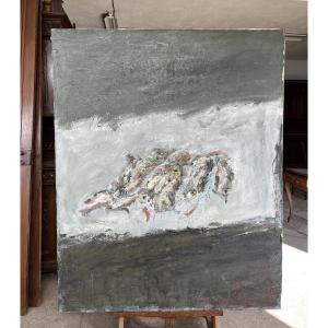 Sardines, Signed Maly 1974, Oil On Canvas, 162x130cm, Unframed