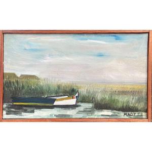 Landscape With Boat, Signed Mady, 1959, Oil On Canvas, 29.5 X 48 Cm, With Frame 