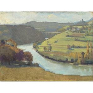 River Landscape, Signed Goerg, Oil On Canvas, 82 X 60.5 Cm, Unframed 