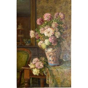 Large Still Life With Lilacs In An Interior - Oil On Canvas 19th Century - 130 Cm