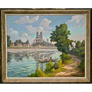 The Cathedral Of Mantes-la-jolie Oil On Hardboard By R. Marabout