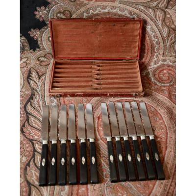 Twelve Silver And Ebony Dessert Knives