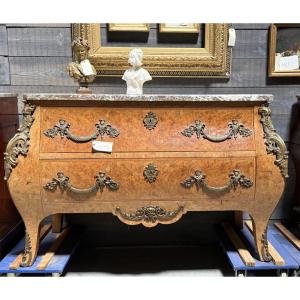 Louis XV Chest Of Drawers In Thuya Burl Veneer, Marble Top, Chiseled Bronze Trim