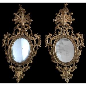  Set Of 4 Castle Mirrors In Gilded Wood 18thc.