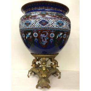 Large Cashe-pot, Planter In Cloisonne Enamel / Bronze 19thc.