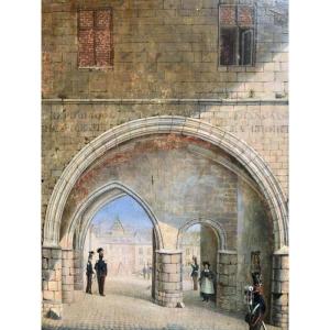 Small Painting H/p "barracks" Scene Circa 1800
