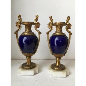Pair Of Sèvres Porcelain Miniature Vases With Bronze Decorations 19thc.