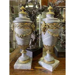 Pair Of Large Casollettes In Gray Marble/bronze 19thc.