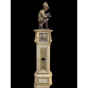Special Standing Clock With Mechanism And Warrior Statue In Polychrome Wood Late 18th Century.