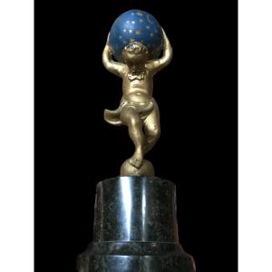 Wooden Sculpture (atlas) On Green Marble Base.
