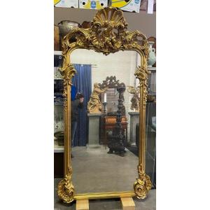 Large Louis XV Style Mirror With Putti In Gilded Wood 19th Century.