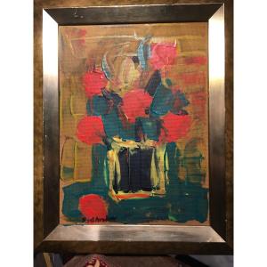 Painting Black Vase With Flowers On Panel.