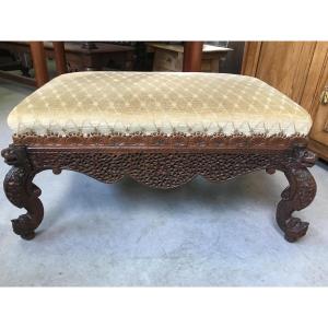 Large Burmese Stool In Carved Wood, 19th Century.
