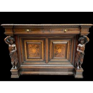Special Cabinet With 2 Large Walnut Sculptures 19th Century.
