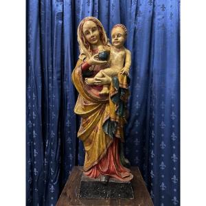 Polychrome Wooden Sculpture Madonna And Child 19th Century. (88 Cm)