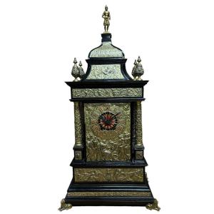 Large Special Clock In Wood/bronze And Repoussé Copper 19th Century.