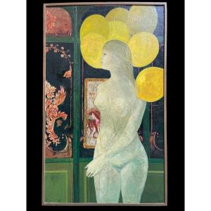 Decorative Painting "lady With Balloons" Oil On Panel 1967.