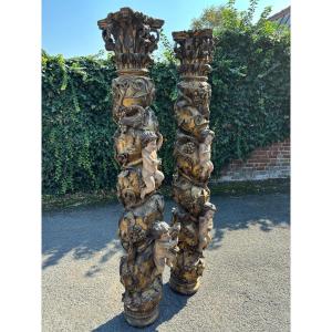 Pair Of Large Turned Columns With Capitals 17th Century.