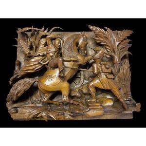 Bas-relief, Very Deeply Carved, In Fruit Wood, 19th Century