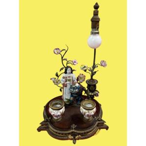 Chinese Porcelain, Bronze And Wood Inkwell / Lamp, 19th Century