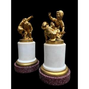 Pair Of Gilt Bronze Sculptures "children Playing" 19th Century.