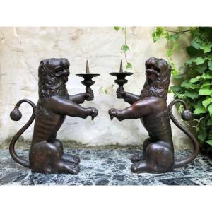 Pair Of 19th Century Bronze "renaissance Lions" Candelabras.