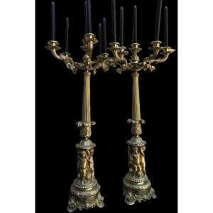 Pair Of Large 6 Bourgeois Candelabras In Gilt Bronze, 19th Century. (74 Cm)
