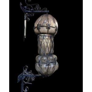 Large Wrought Iron And Curved Glass Outdoor Lamp / Lantern 1930 (126 Cm)