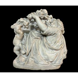Sculpture "woman And Putti Carrying Baskets Of Fruit" In Carrara Marble, 19th Century.