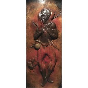 Large Bas-relief 183x80 Cm In Polychromed Copper 