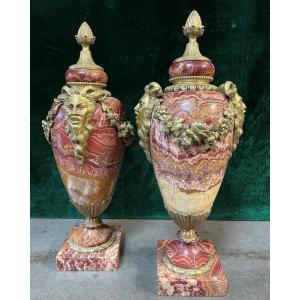 Pair Of Large Beautifully Coloured Marble Casseroles 19th Century (56 Cm).