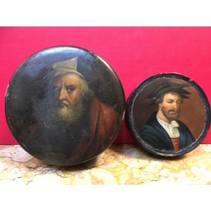 Two Papier-mâché Boxes With Portraits Painted On A Black Background. Dating From The 19th Century. 