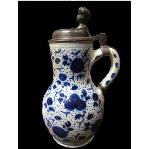 White And Blue Earthenware Pitcher Circa 1720 Delft.