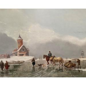 Winter Landscape Painting "on The Ice" Oil On Panel 19th Century.