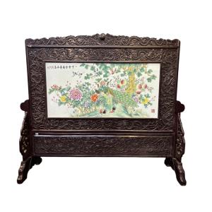 Very Large Chinese Wooden And Porcelain Screen/partition, Late 19th Century (247 Cm)