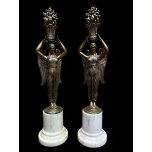 Pair Of Bronze "winged Ladies" Sculptures On Marble Base, 20th Century.