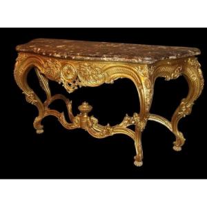 Large Louis XV Style Giltwood Console Table With 4 Legs, 19th Century.