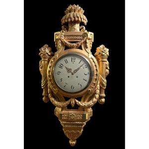 Large Swedish Cartel Clock In Gilt Wood, Louis XVI Style, 19th Century.