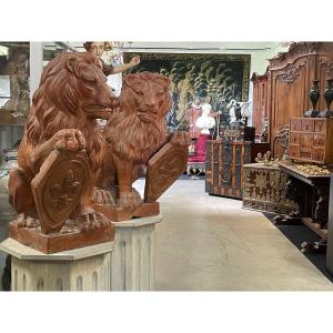 Pair Of Decorative Lions With Terracotta Shields, 1900