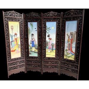 Early 20th Century Chinese Four-panel Double-sided Screen In Wood/porcelain.
