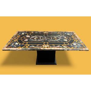 Large Italian Marble Table With Colored Semi-precious Stones, 20th Century