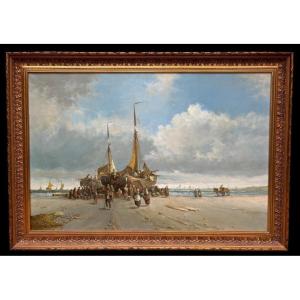 Large Decorative Painting "view Of The Beach" Oil On Canvas 20th Century.