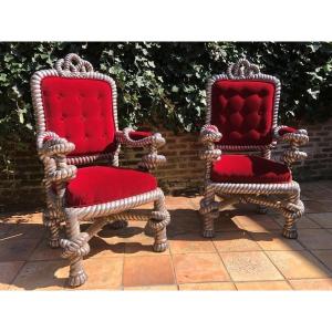 Rare Pair Of Large "ropes" Armchairs Late 19th Century.