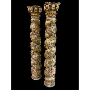Pair Of 17th Century Baroque Twisted Columns.
