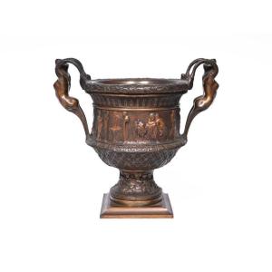 Large "medici" Vase In Patinated Brown Bronze With A Procession Of Bacchus, 19th Century.