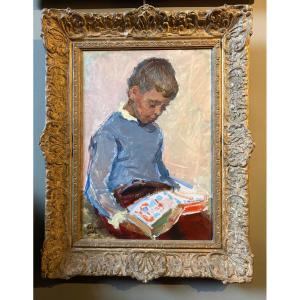 Boy Reading, Soviet Realism 1967: 63.5 X 49.5 Cm 