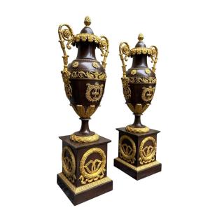 Pair Of Large Empire-style Gilt/patinated Bronze Cassolettes, 19th Century.