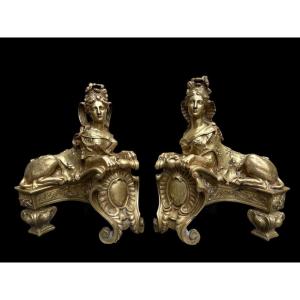 Pair Of Large "sphinx" Bronze Andirons, Regency Period, 19th Century.