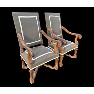Pair Of Large Oak Armchairs In The 19th Century Regency Style.